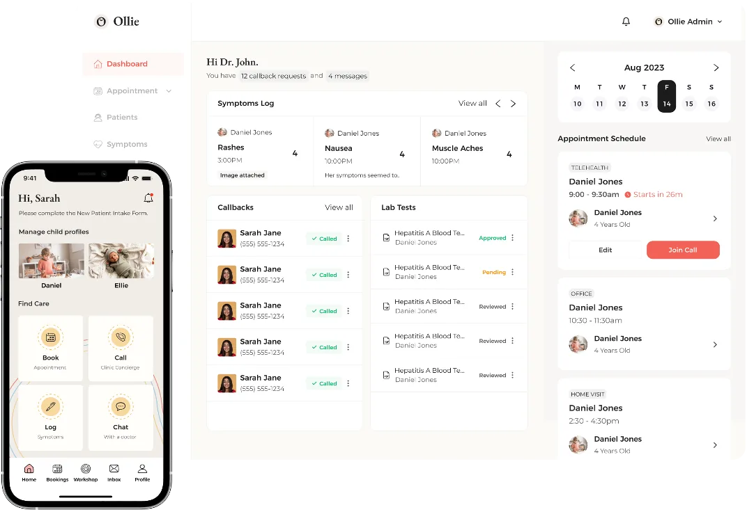 Ollie Pediatrics dashboard and parent-app screens. Provider view shows symptoms log, callbacks, lab tests, and an appointment schedule with telehealth, office, and home-visit slots. Parent app shows child profiles, find-care quick actions, and bottom-nav for home, bookings, workshop, inbox, and profile.